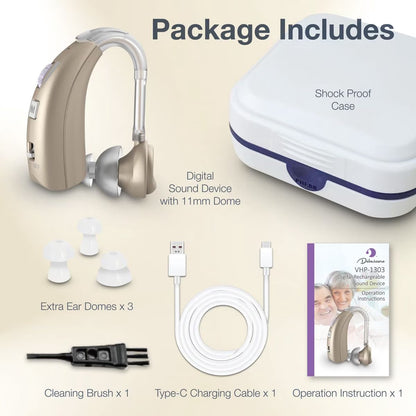 Delmicure Digital Hearing Aid for Seniors, Rechargeable, Single, VHP-1303, Gold