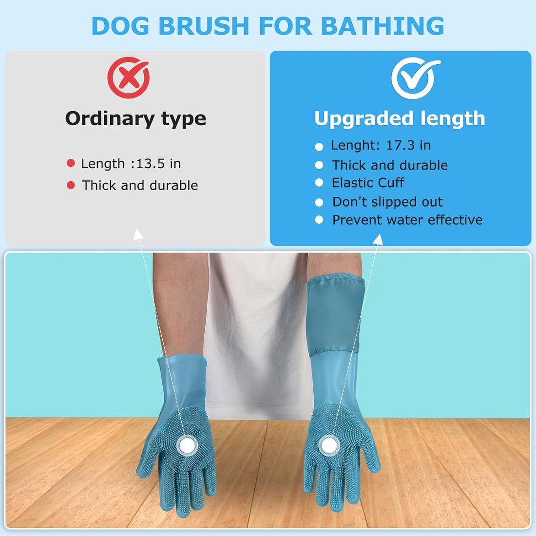 Dog Washing Gloves | Pet Grooming Gloves | Extra Long Arms 17.3In,Hazy Blue