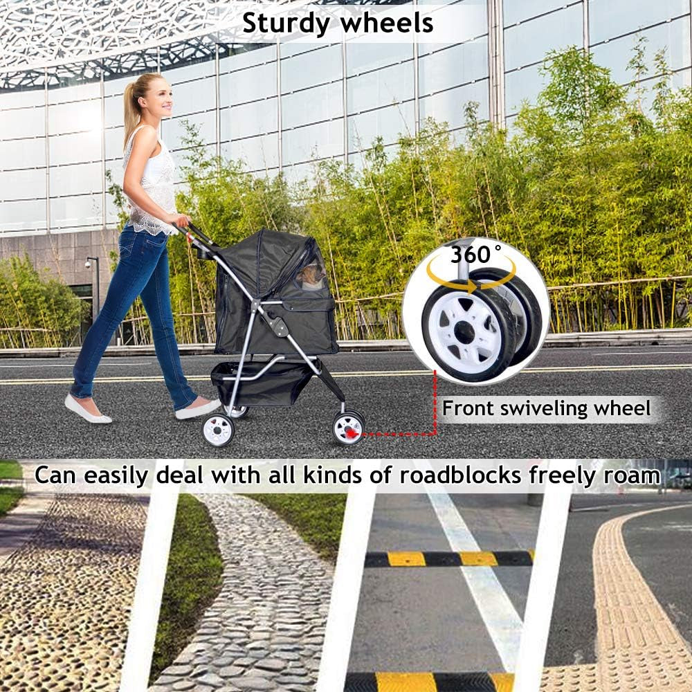 3-Wheel Pet Stroller, Lightweight Foldable Dog Stroller for Small Medium Dogs &amp; Cats, Breathable Mesh &amp; Weather Cover with Storage Basket, for Daily Walk Outdoor Travel (Black)
