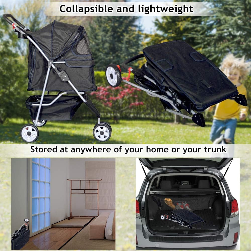 3-Wheel Pet Stroller, Lightweight Foldable Dog Stroller for Small Medium Dogs &amp; Cats, Breathable Mesh &amp; Weather Cover with Storage Basket, for Daily Walk Outdoor Travel (Black)