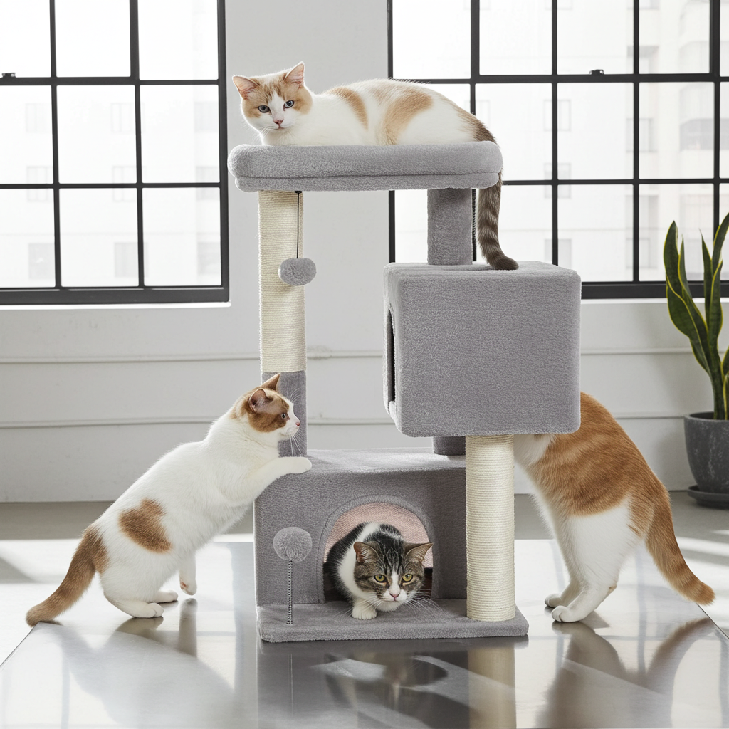 Árbol Rascador para Gatos Grandes – Torre con 2 Condos, Percha y Postes