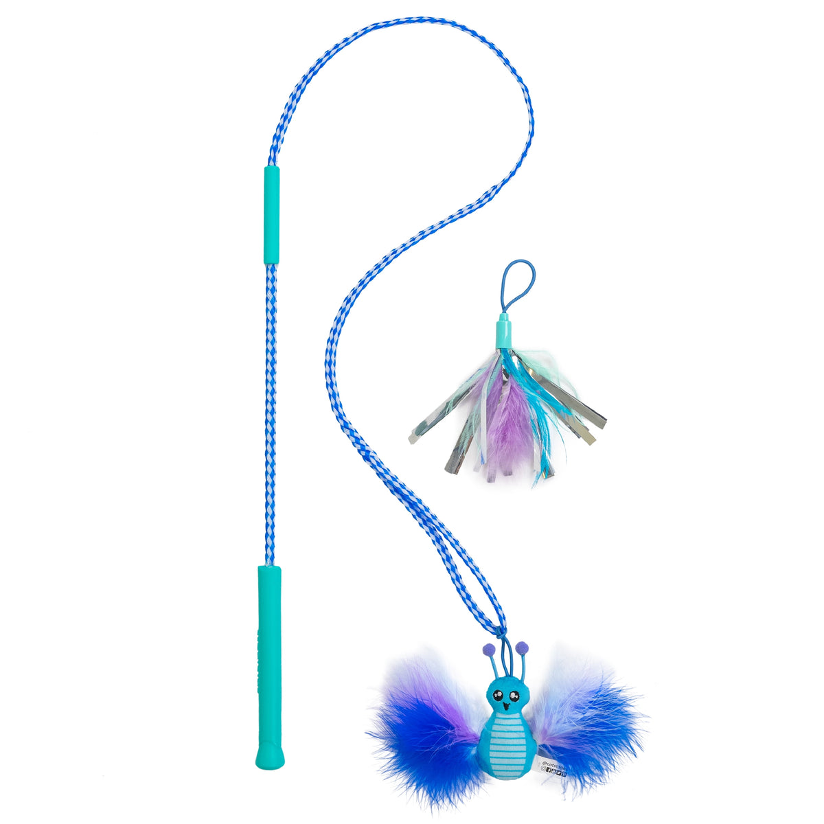 Tail Teaser Air Prey Cat Wand Toy for Indoor Cats, Interactive Cat Toy with 2 Feathered Catnip Toys, Crinkle Sounds, and Durable Rope for Leaping Play, Blue