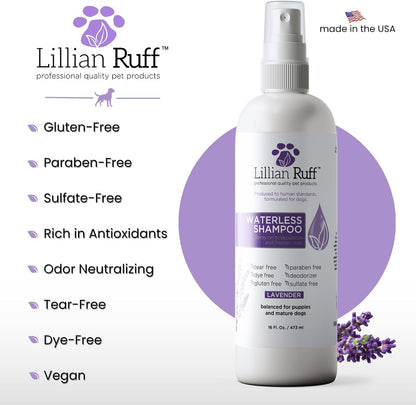 Waterless No-Rinse Dog Dry Shampoo Spray with Hydrating Essential Oils - Ph-Balanced Dry Shampoo for Dogs - Clean, Condition, Detangle &amp; Deodorize Dry, Sensitive Skin (Lavender)