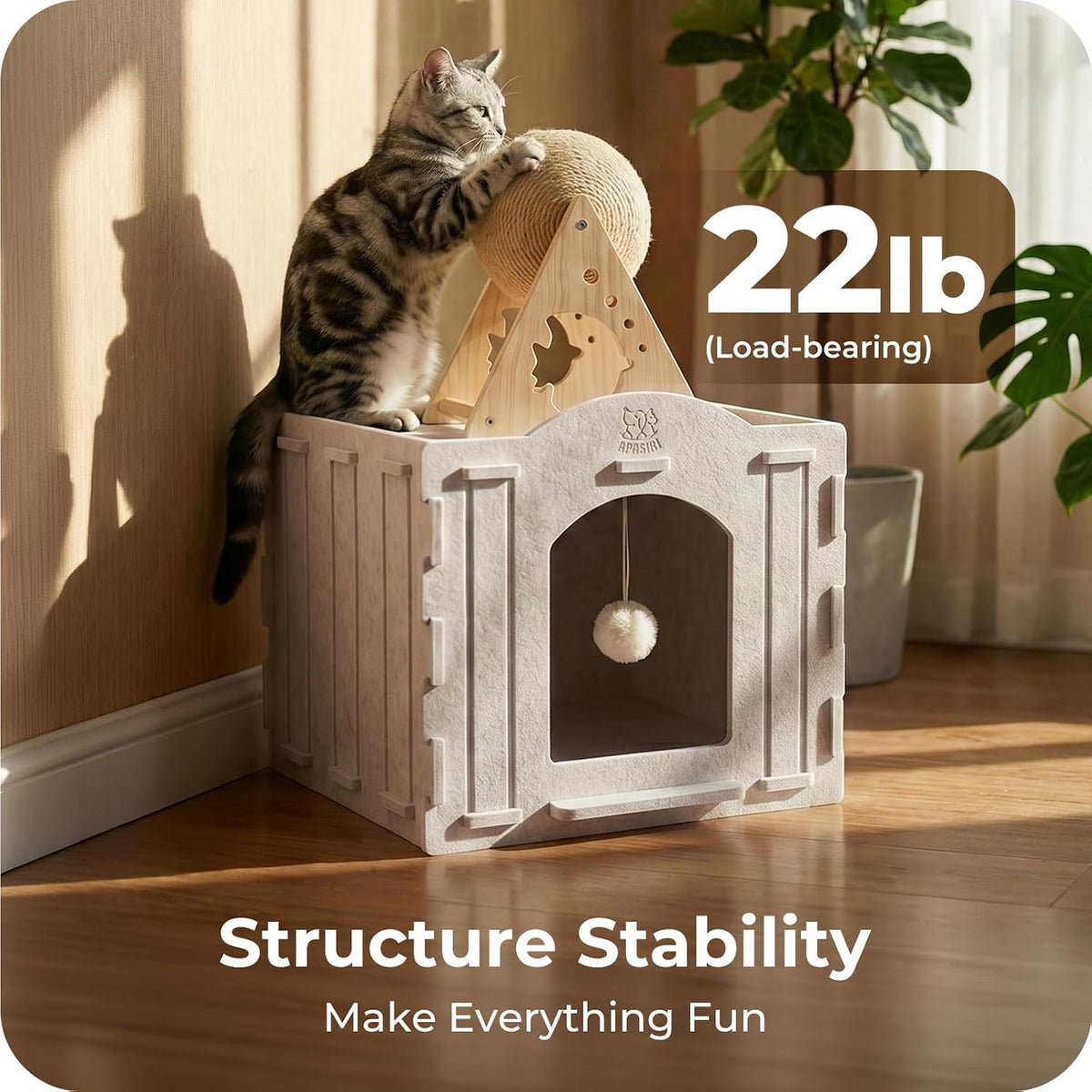 Cat Bed Cave for Indoor Cats: New Felt Cat Bed with Fluffy Ball, Foldable Cat House with Scratch-Resistant Board, Hideaway Cat Cave for Timid Cats, Sturdy Two-Tier Cat Condo &amp; Cat Houses