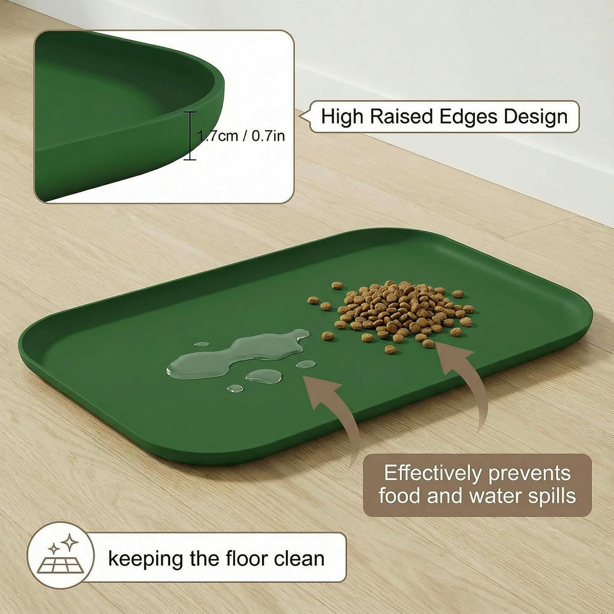Non-Slip Silicone Dog Food Mat for Food and Water, 18" X 12" Raised Edge Pet Feeding Mat - Waterproof Dog Bowl Mat Easy Clean for Floor Protector,Dark Green