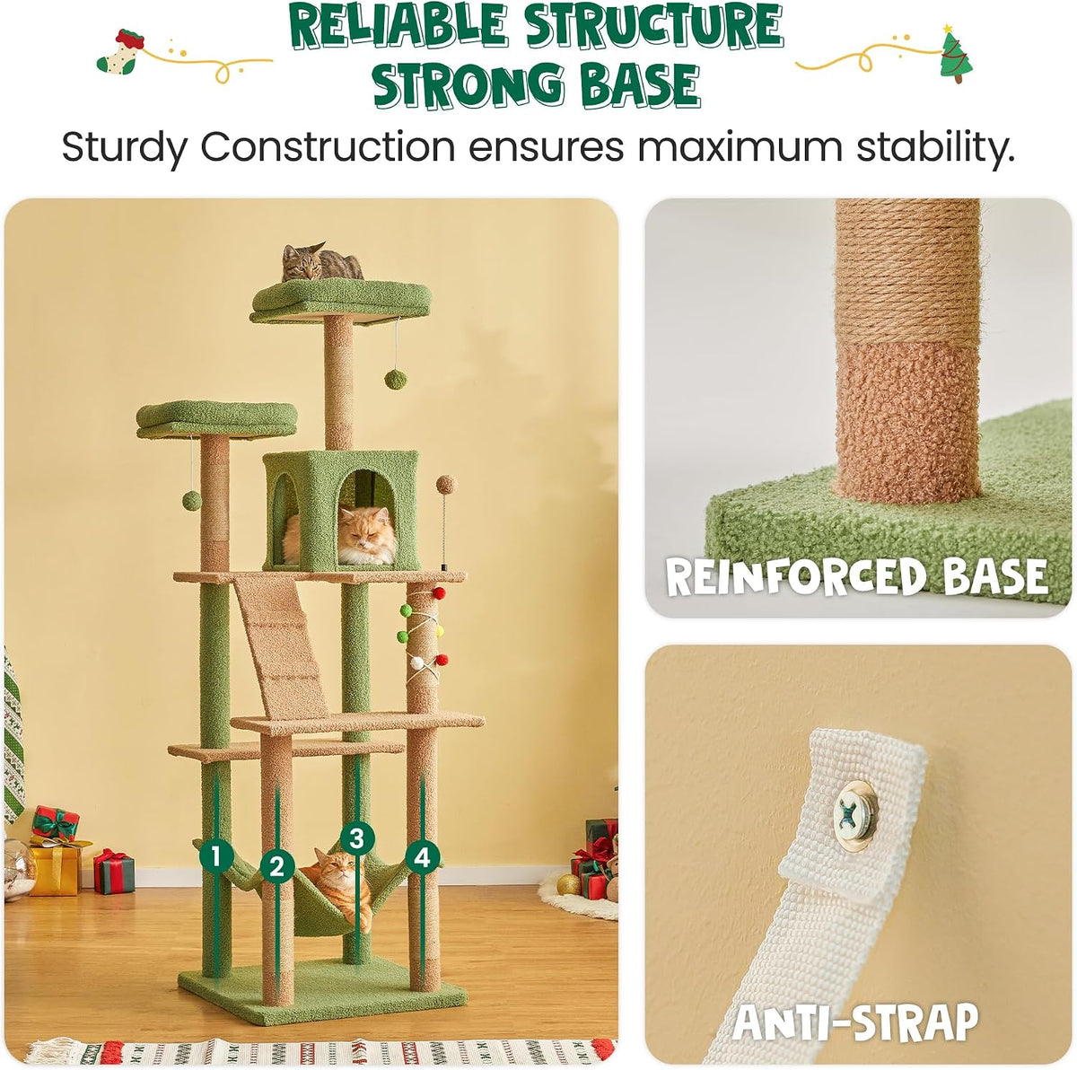 70.1-Inch Green Large Cat Tree, Multi-Level Tall Cat Tower for Indoor Cats, Plush Cat Condo with Big Padded Perches, Sisal-Covered Scratching Posts, Hammock, Toys for Kittens &amp; Cats