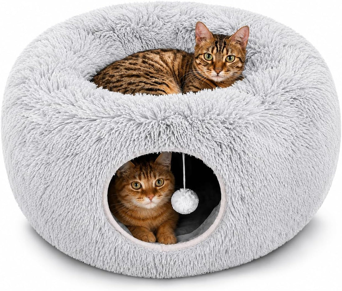 Large Cat Donut Tunnel Bed - Cat Tunnels for Indoor Cats - Circle Hideaway with Cat Toys, 3-In-1, Gift-Ready DIY Collapsible Plush Cat Tube, Rabbit, Kitty