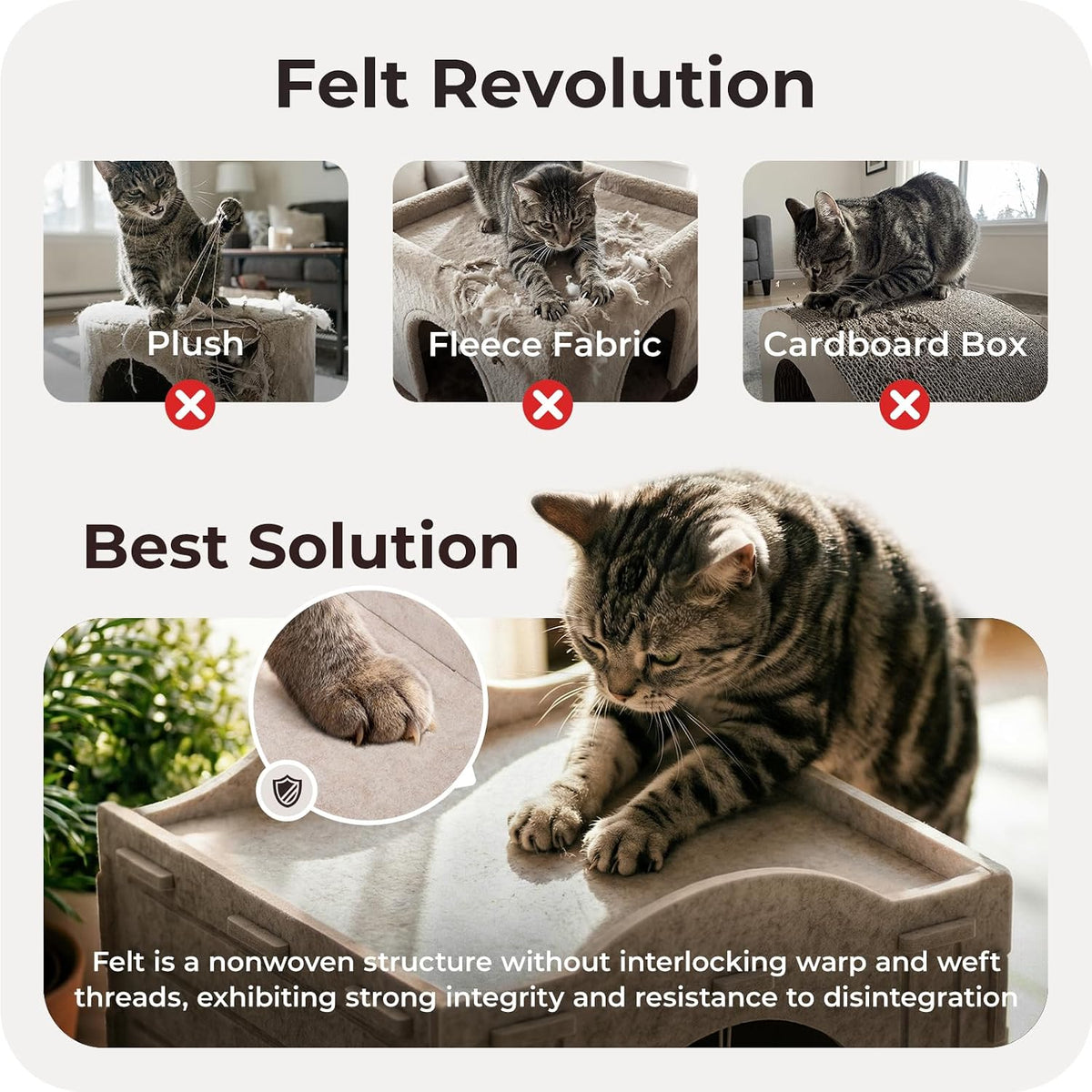 Cat Bed Cave for Indoor Cats: New Felt Cat Bed with Fluffy Ball, Foldable Cat House with Scratch-Resistant Board, Hideaway Cat Cave for Timid Cats, Sturdy Two-Tier Cat Condo &amp; Cat Houses