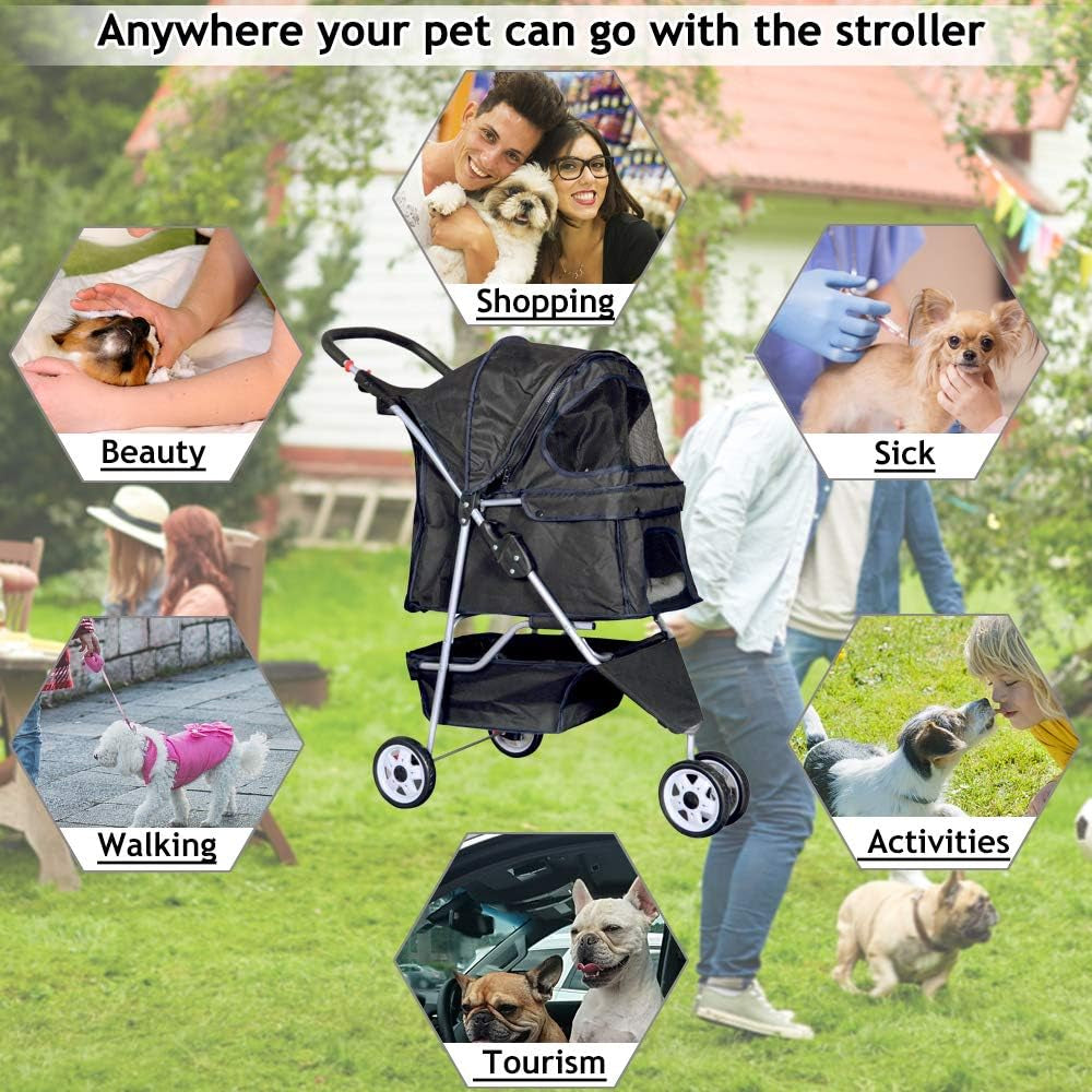 3-Wheel Pet Stroller, Lightweight Foldable Dog Stroller for Small Medium Dogs &amp; Cats, Breathable Mesh &amp; Weather Cover with Storage Basket, for Daily Walk Outdoor Travel (Black)