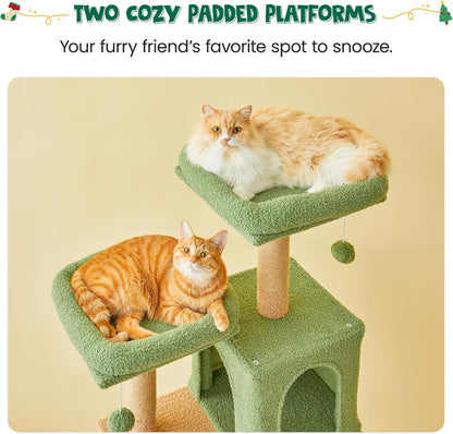 70.1-Inch Green Large Cat Tree, Multi-Level Tall Cat Tower for Indoor Cats, Plush Cat Condo with Big Padded Perches, Sisal-Covered Scratching Posts, Hammock, Toys for Kittens &amp; Cats