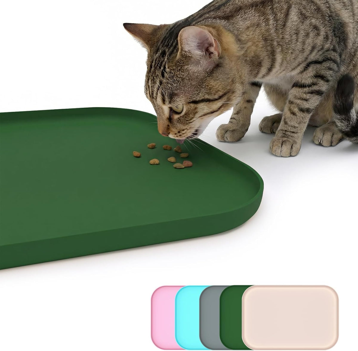 Non-Slip Silicone Dog Food Mat for Food and Water, 18" X 12" Raised Edge Pet Feeding Mat - Waterproof Dog Bowl Mat Easy Clean for Floor Protector,Dark Green