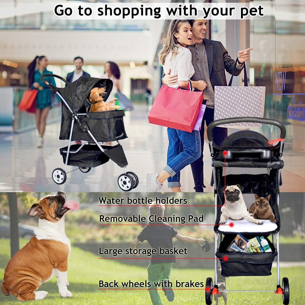 3-Wheel Pet Stroller, Lightweight Foldable Dog Stroller for Small Medium Dogs &amp; Cats, Breathable Mesh &amp; Weather Cover with Storage Basket, for Daily Walk Outdoor Travel (Black)