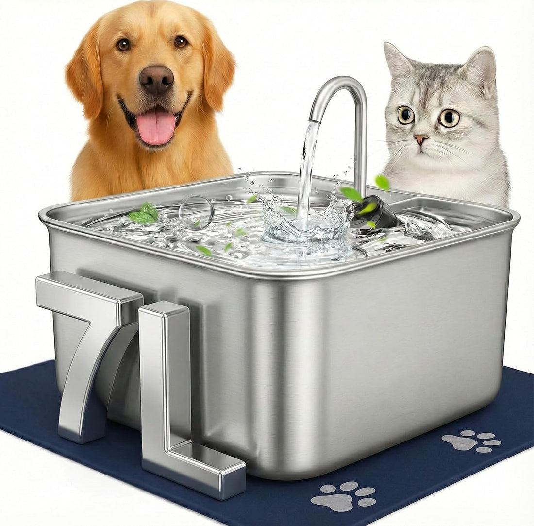 Stainless Steel Cat Water Fountain 7L with Waterproof Mat – Large Dog &amp; Multi-Pet Automatic Drinking Fountain, Quiet Pump, 3-Stage Filtration &amp; LED Water Window