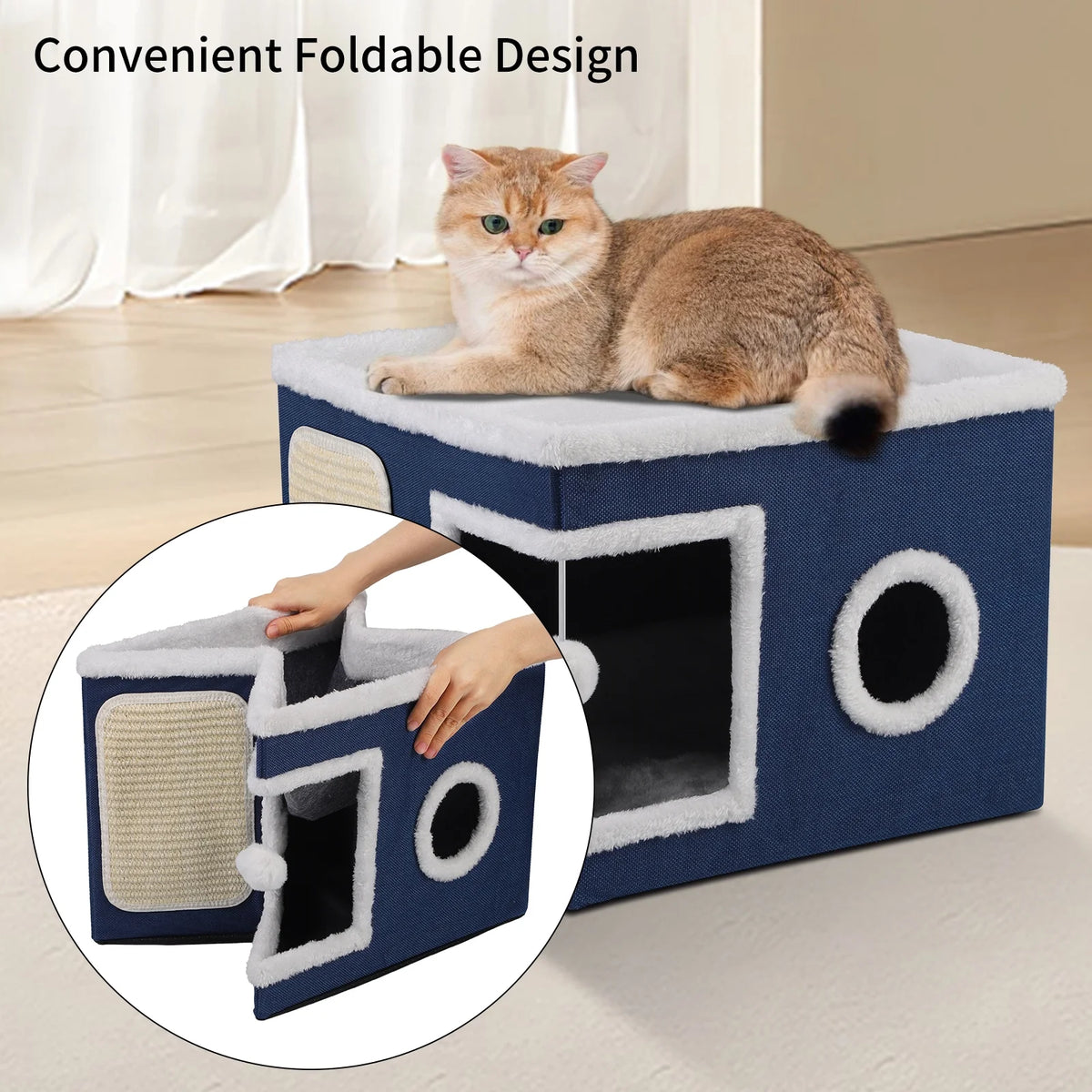 Cat Beds for Indoor Cats,Large Pet Beds for Cats, Cat Cave with Cozy Condo and Scratch Pad,Foldable Cat Cube Hideaway,Blue