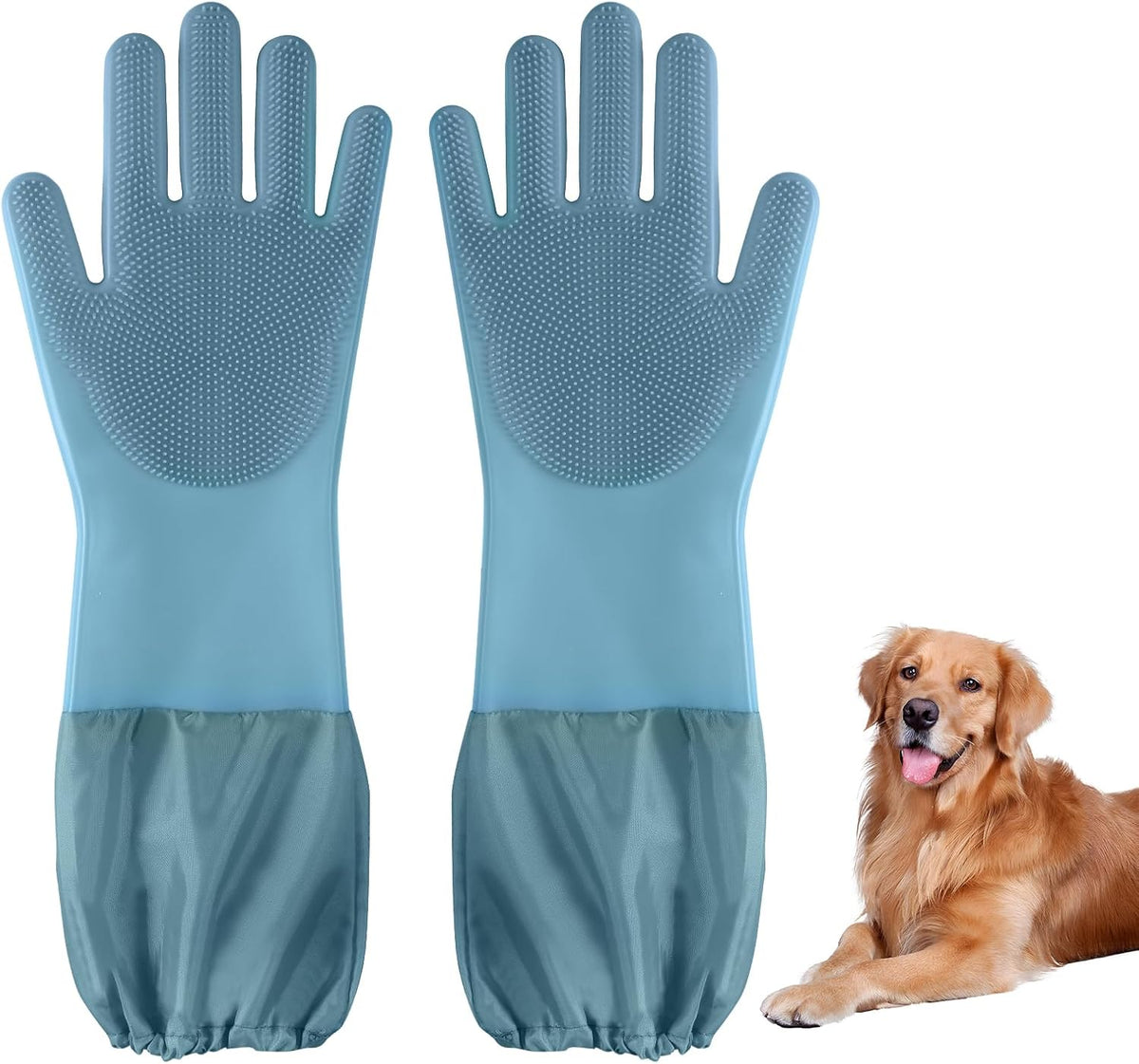 Dog Washing Gloves | Pet Grooming Gloves | Extra Long Arms 17.3In,Hazy Blue