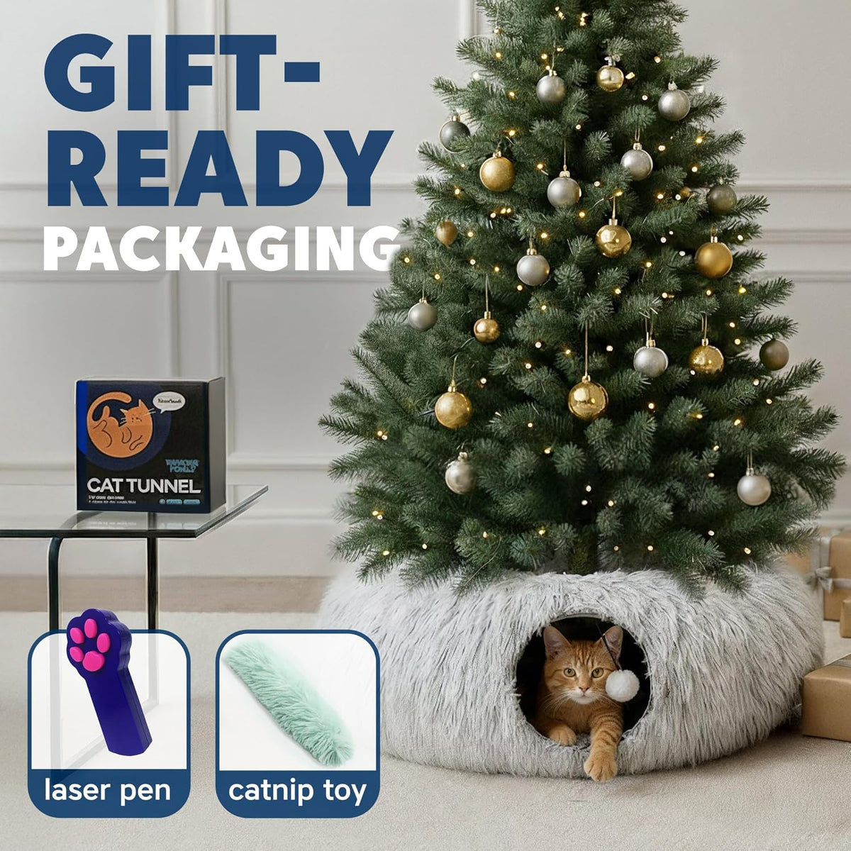 Large Cat Donut Tunnel Bed - Cat Tunnels for Indoor Cats - Circle Hideaway with Cat Toys, 3-In-1, Gift-Ready DIY Collapsible Plush Cat Tube, Rabbit, Kitty