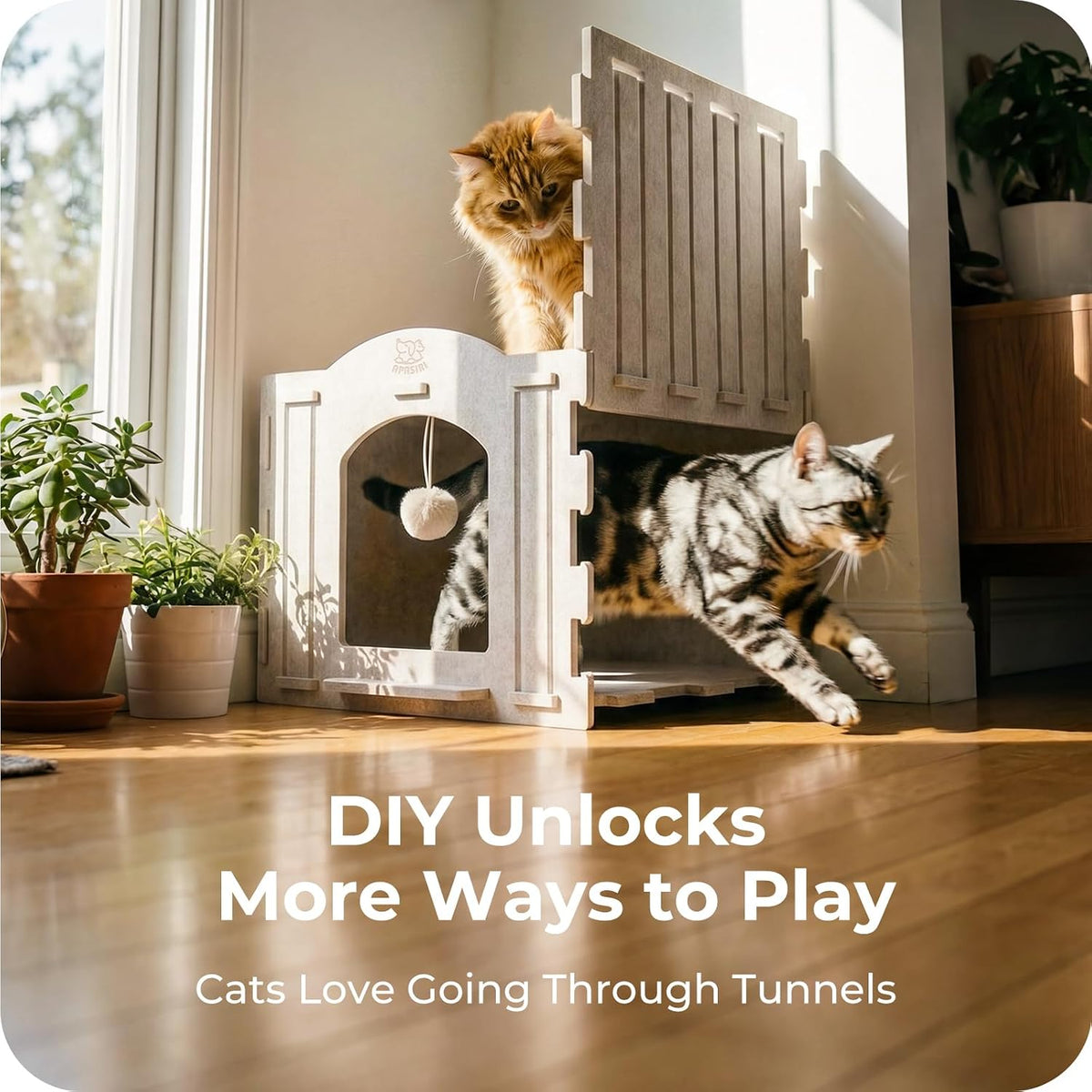 Cat Bed Cave for Indoor Cats: New Felt Cat Bed with Fluffy Ball, Foldable Cat House with Scratch-Resistant Board, Hideaway Cat Cave for Timid Cats, Sturdy Two-Tier Cat Condo &amp; Cat Houses