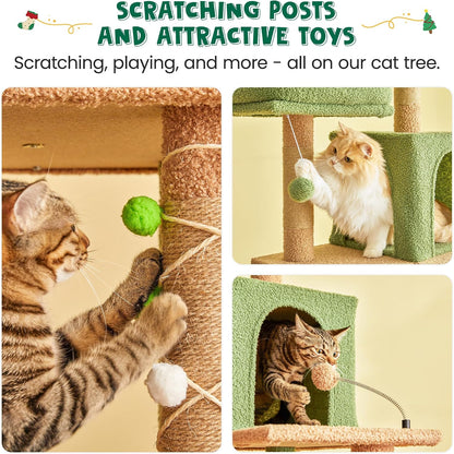 70.1-Inch Green Large Cat Tree, Multi-Level Tall Cat Tower for Indoor Cats, Plush Cat Condo with Big Padded Perches, Sisal-Covered Scratching Posts, Hammock, Toys for Kittens &amp; Cats