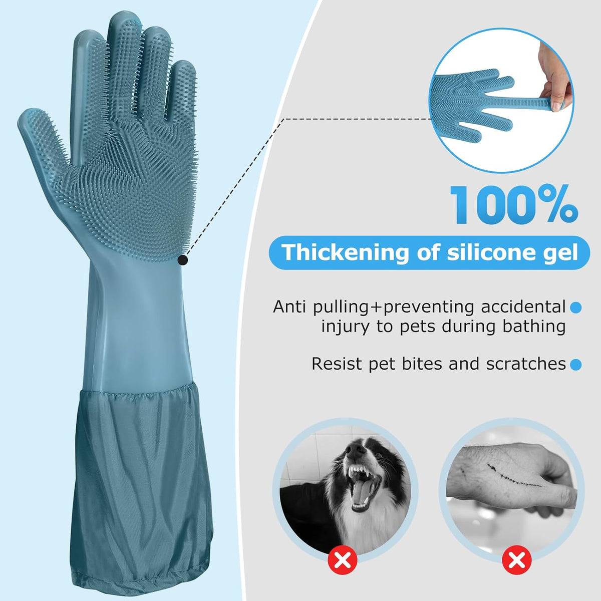 Dog Washing Gloves | Pet Grooming Gloves | Extra Long Arms 17.3In,Hazy Blue