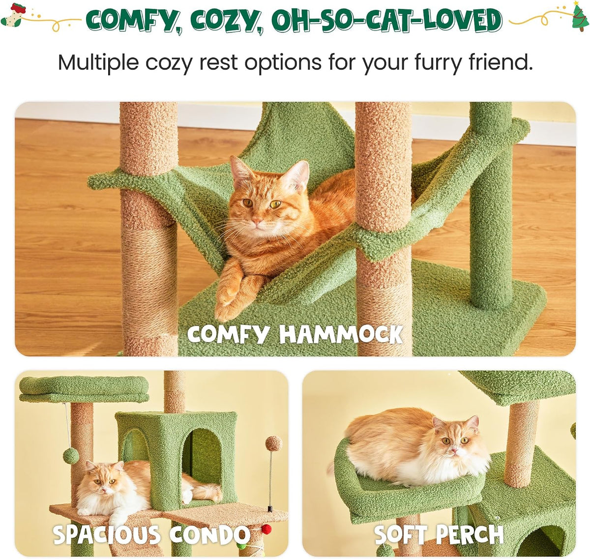 70.1-Inch Green Large Cat Tree, Multi-Level Tall Cat Tower for Indoor Cats, Plush Cat Condo with Big Padded Perches, Sisal-Covered Scratching Posts, Hammock, Toys for Kittens &amp; Cats