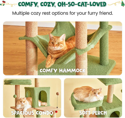70.1-Inch Green Large Cat Tree, Multi-Level Tall Cat Tower for Indoor Cats, Plush Cat Condo with Big Padded Perches, Sisal-Covered Scratching Posts, Hammock, Toys for Kittens &amp; Cats