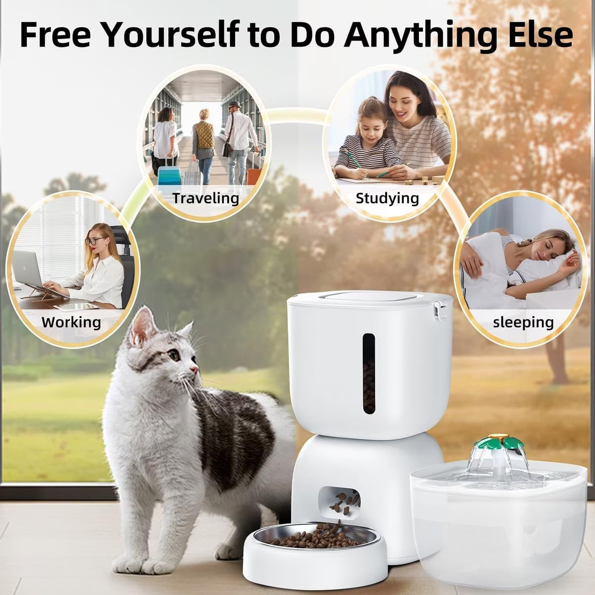2-In-1 Automatic Cat Feeder &amp; Water Fountain Set, White, 3-L &amp; 2-L