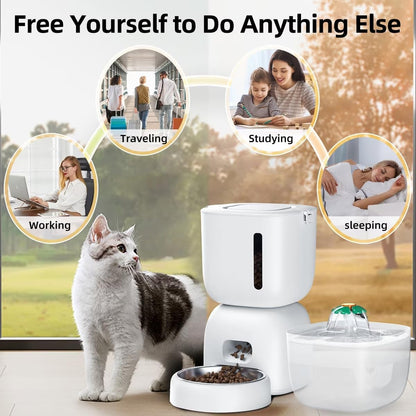 2-In-1 Automatic Cat Feeder &amp; Water Fountain Set, White, 3-L &amp; 2-L