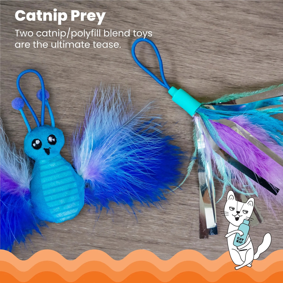 Tail Teaser Air Prey Cat Wand Toy for Indoor Cats, Interactive Cat Toy with 2 Feathered Catnip Toys, Crinkle Sounds, and Durable Rope for Leaping Play, Blue