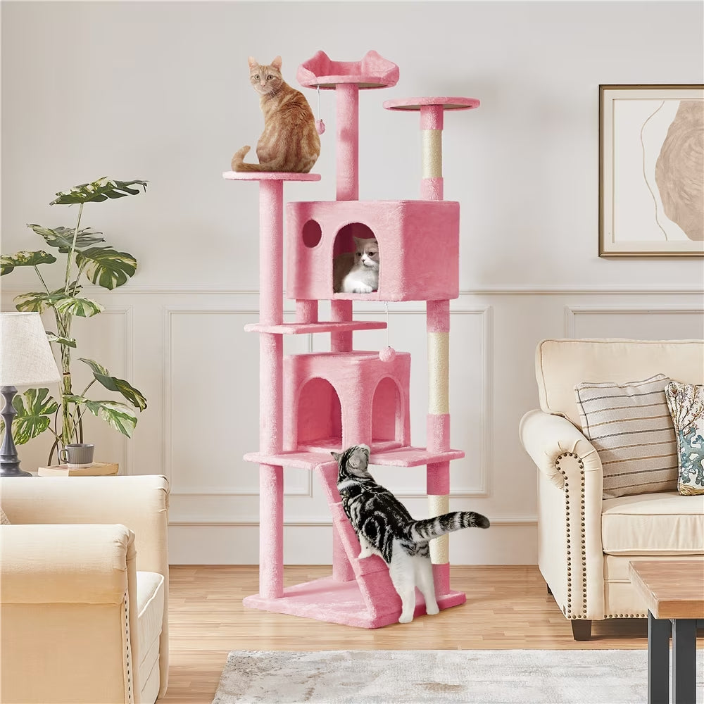 80″ Tall Multilevel Cat Tree with 2 Condos &amp; 3 Scratching Posts for Kittens, Pink