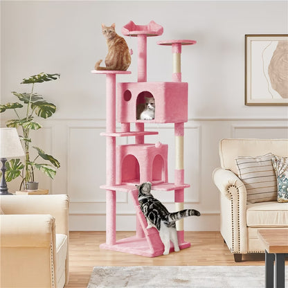80″ Tall Multilevel Cat Tree with 2 Condos &amp; 3 Scratching Posts for Kittens, Pink