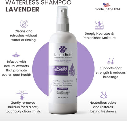 Waterless No-Rinse Dog Dry Shampoo Spray with Hydrating Essential Oils - Ph-Balanced Dry Shampoo for Dogs - Clean, Condition, Detangle &amp; Deodorize Dry, Sensitive Skin (Lavender)