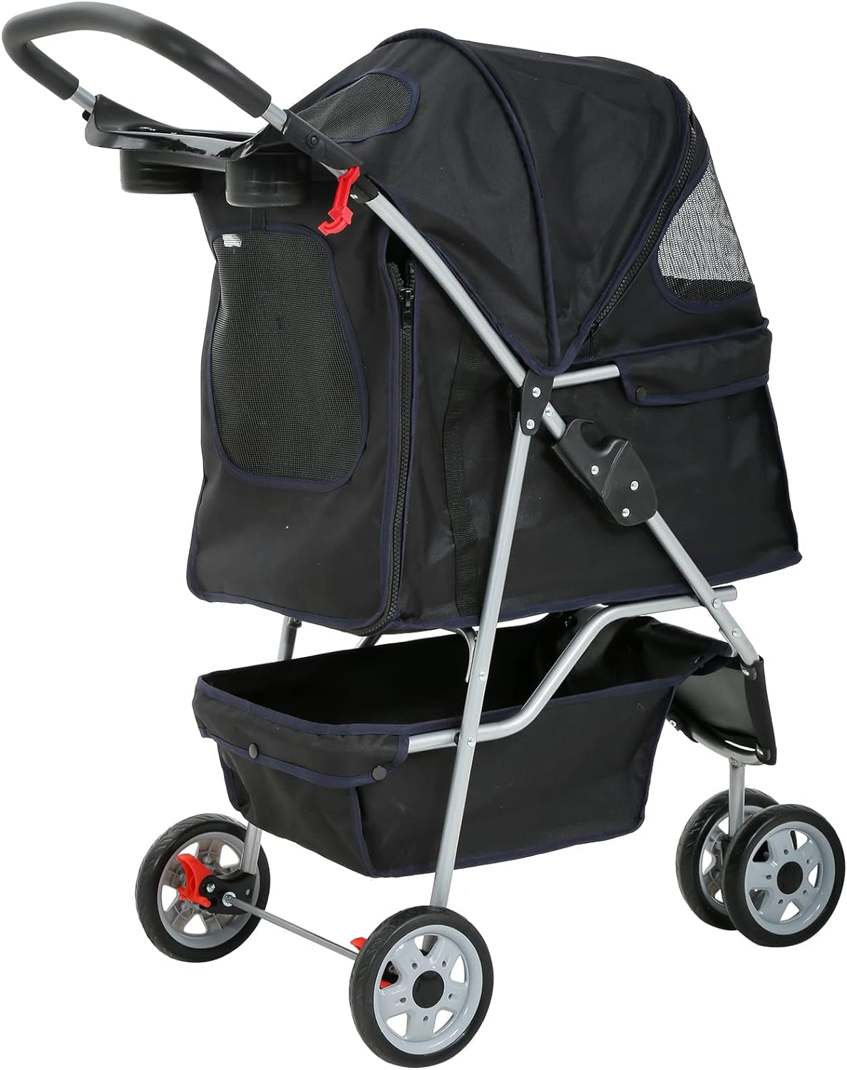3-Wheel Pet Stroller, Lightweight Foldable Dog Stroller for Small Medium Dogs &amp; Cats, Breathable Mesh &amp; Weather Cover with Storage Basket, for Daily Walk Outdoor Travel (Black)