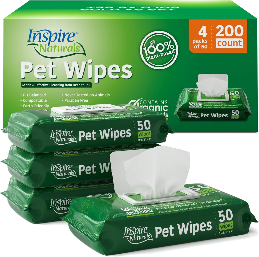 Naturals Pet Wipes for Dogs and Cats 100% Natural Plant Based with Organic Antioxidants, Dog Wipe Cleaning Deodorizing | Cat Wipes | Puppy Wipes | Dog Wipes for Paws and Butt (200Ct - 4 Pack)