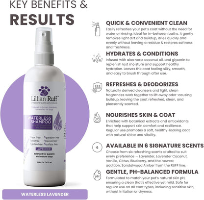 Waterless No-Rinse Dog Dry Shampoo Spray with Hydrating Essential Oils - Ph-Balanced Dry Shampoo for Dogs - Clean, Condition, Detangle &amp; Deodorize Dry, Sensitive Skin (Lavender)