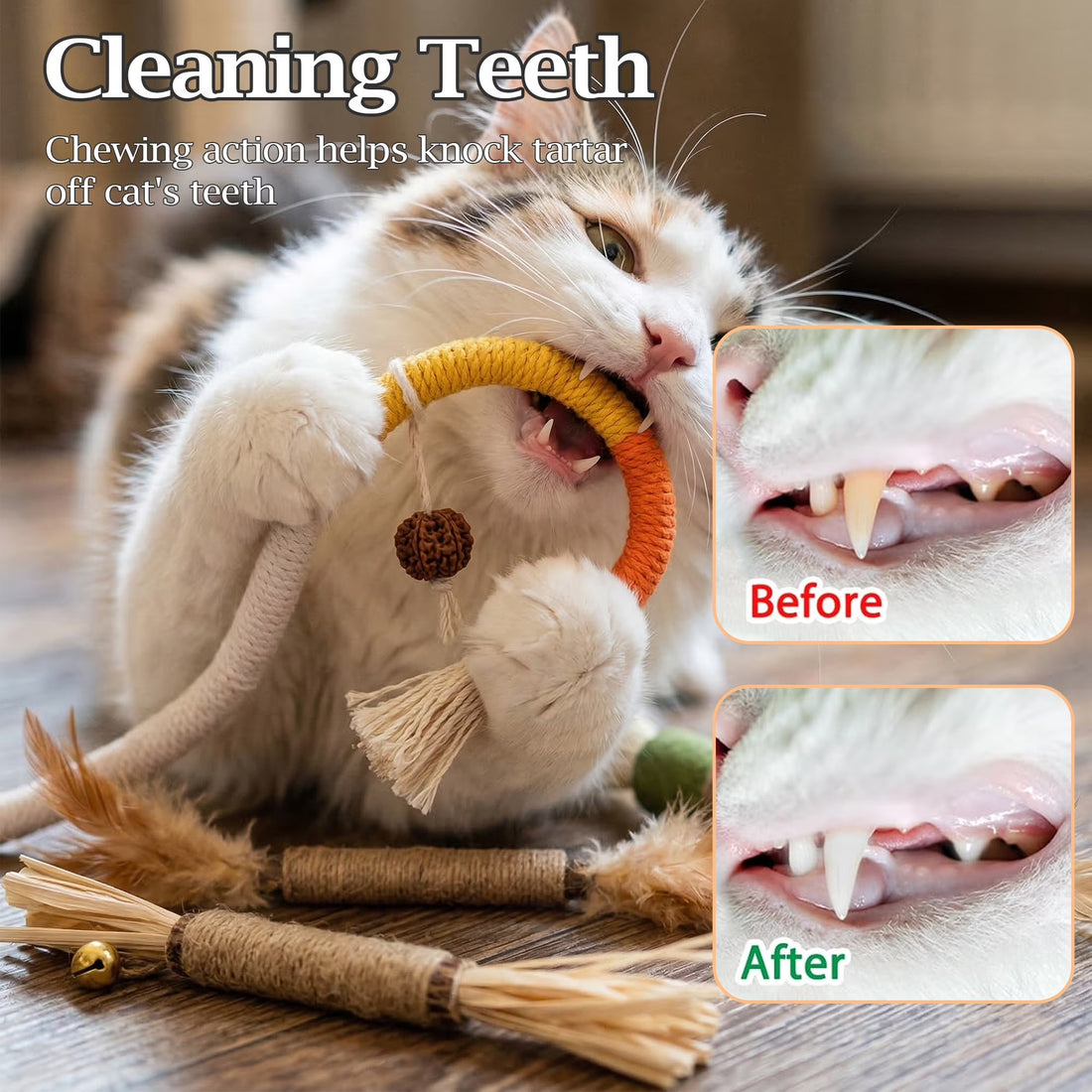 Cat Chew Toys, 12PCS Chew Rope &amp; Silvervine Sticks for Bored Indoor Adult Cats, Interactive Catnip Toys for Cats for Teeth Cleaning