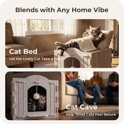 Cat Bed Cave for Indoor Cats: New Felt Cat Bed with Fluffy Ball, Foldable Cat House with Scratch-Resistant Board, Hideaway Cat Cave for Timid Cats, Sturdy Two-Tier Cat Condo &amp; Cat Houses