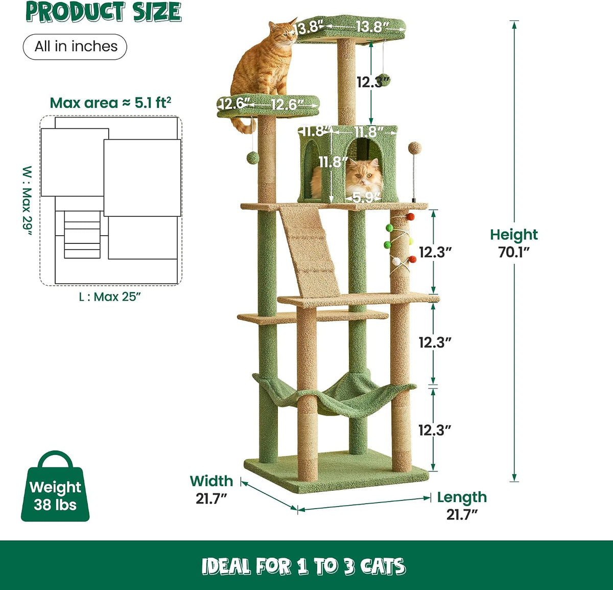 70.1-Inch Green Large Cat Tree, Multi-Level Tall Cat Tower for Indoor Cats, Plush Cat Condo with Big Padded Perches, Sisal-Covered Scratching Posts, Hammock, Toys for Kittens &amp; Cats