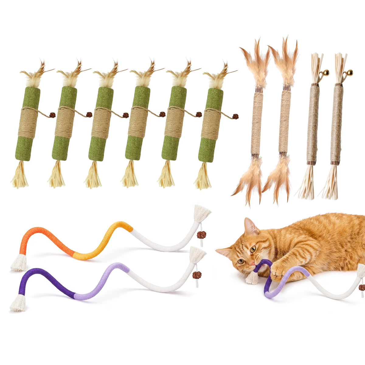 Cat Chew Toys, 12PCS Chew Rope &amp; Silvervine Sticks for Bored Indoor Adult Cats, Interactive Catnip Toys for Cats for Teeth Cleaning