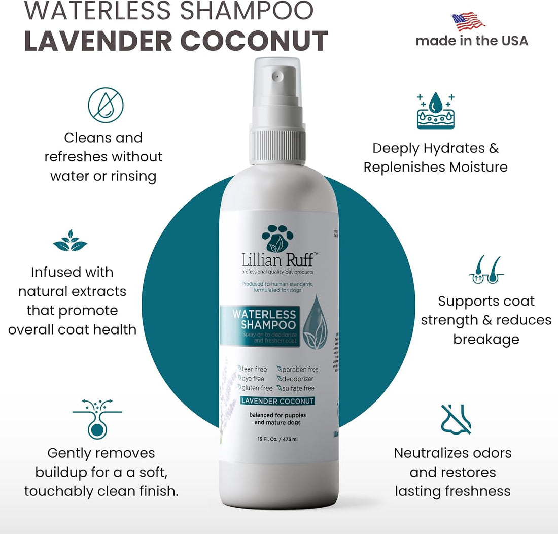 Waterless No-Rinse Dog Dry Shampoo Spray with Hydrating Essential Oils - Ph-Balanced Dry Shampoo for Dogs - Clean, Condition, Detangle &amp; Deodorize Dry, Sensitive Skin (Lavender Coconut)