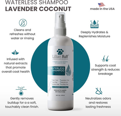 Waterless No-Rinse Dog Dry Shampoo Spray with Hydrating Essential Oils - Ph-Balanced Dry Shampoo for Dogs - Clean, Condition, Detangle &amp; Deodorize Dry, Sensitive Skin (Lavender Coconut)