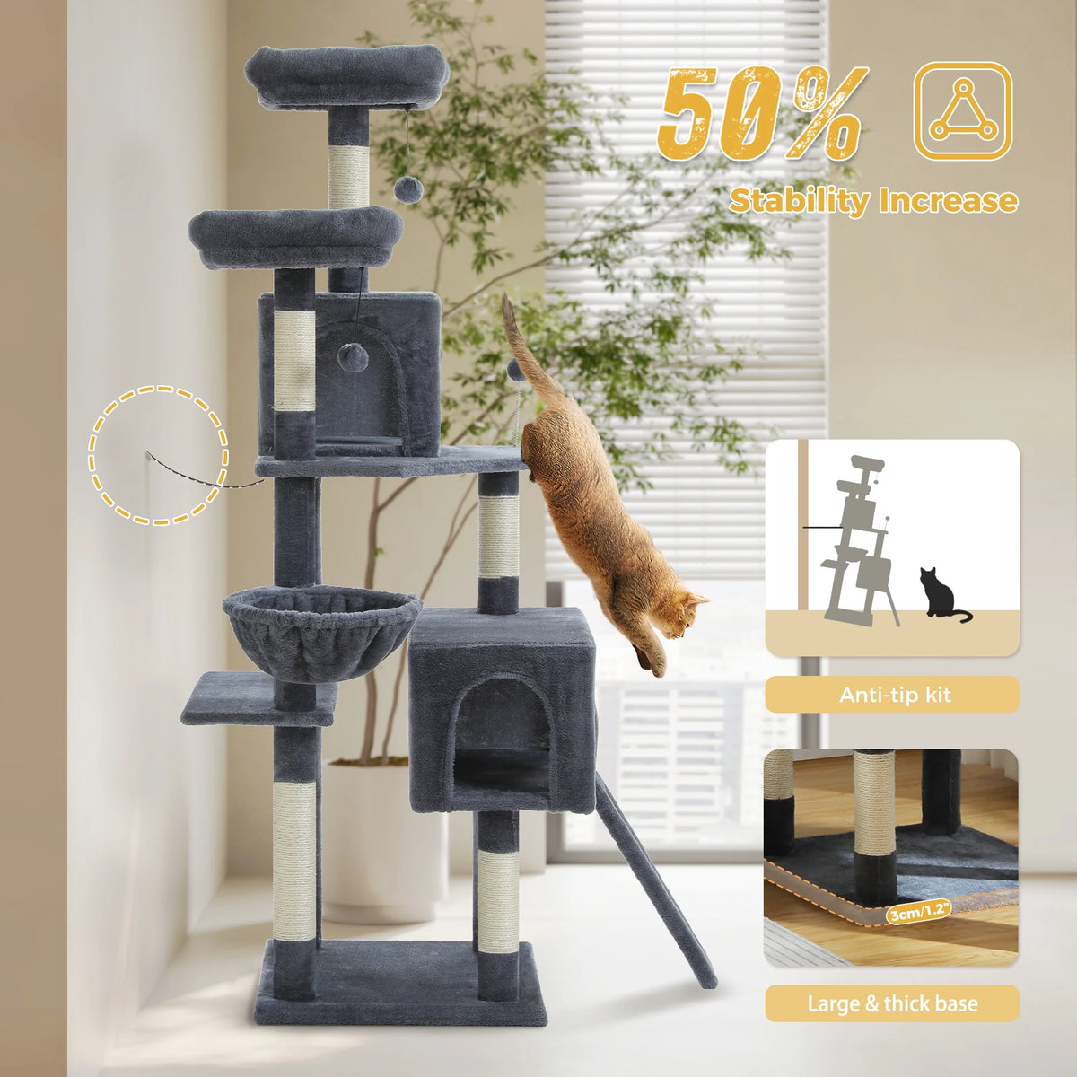 64 in Cat Tree for Cats of All Sizes, 5 Level Cat Tower with Hammock, Condo, Ramp Ladder and 5 Sisal Scratching Posts, Dark Gray