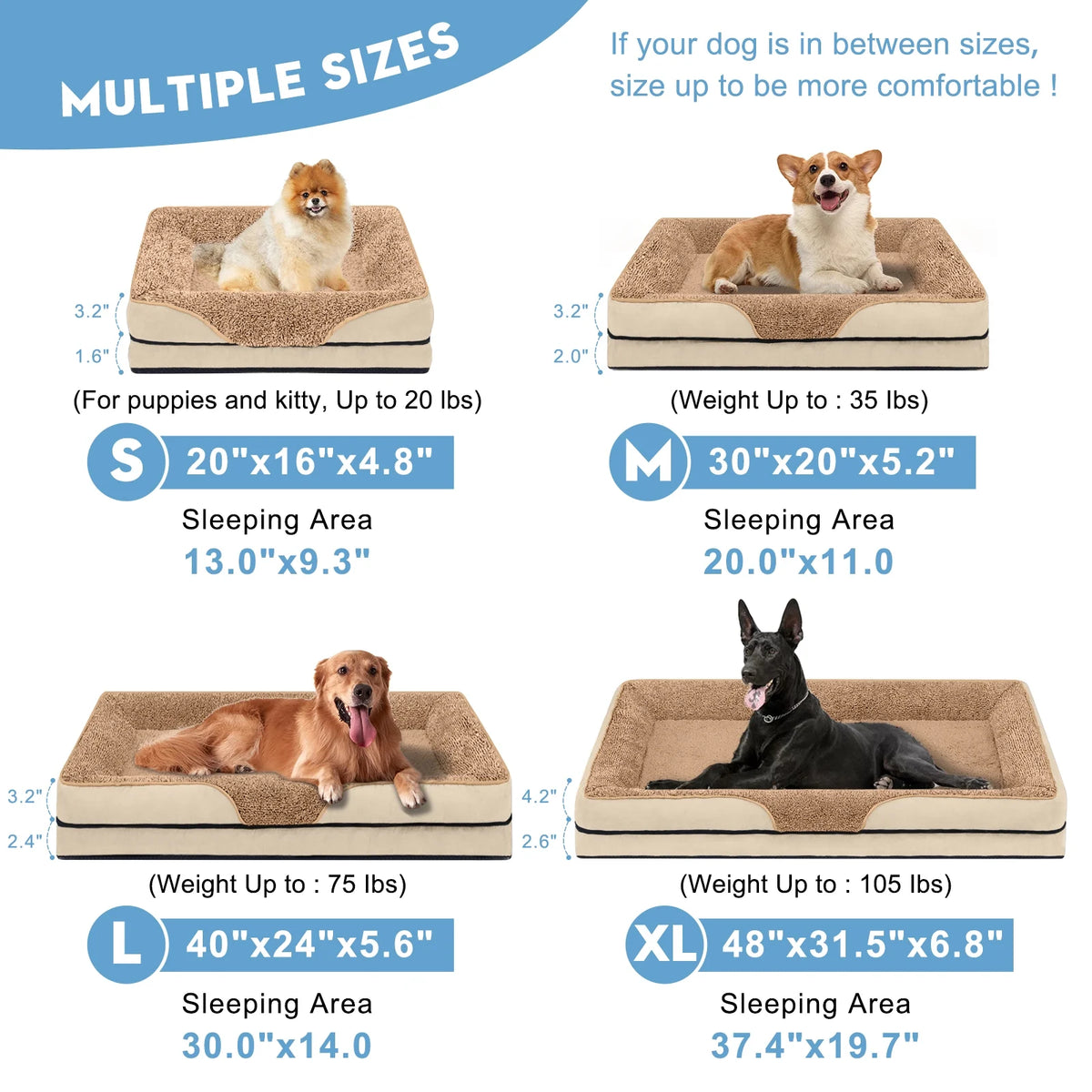 Dog Beds for Large Medium Small Dogs Orthopedic Pet Bed Sofa Supportive Egg Crate Foam Animal Couch with Removable Washable Cover Non Skid Bottom S to XL