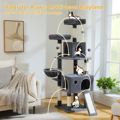 64 in Cat Tree for Cats of All Sizes, 5 Level Cat Tower with Hammock, Condo, Ramp Ladder and 5 Sisal Scratching Posts, Dark Gray