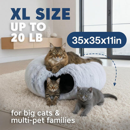 Large Cat Donut Tunnel Bed - Cat Tunnels for Indoor Cats - Circle Hideaway with Cat Toys, 3-In-1, Gift-Ready DIY Collapsible Plush Cat Tube, Rabbit, Kitty