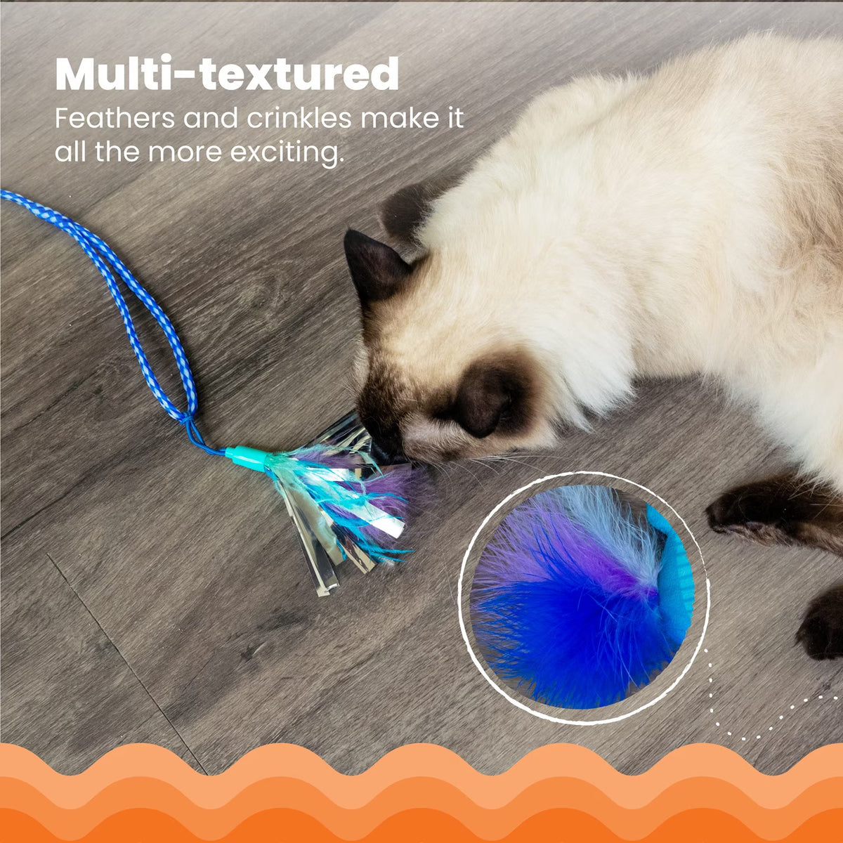 Tail Teaser Air Prey Cat Wand Toy for Indoor Cats, Interactive Cat Toy with 2 Feathered Catnip Toys, Crinkle Sounds, and Durable Rope for Leaping Play, Blue